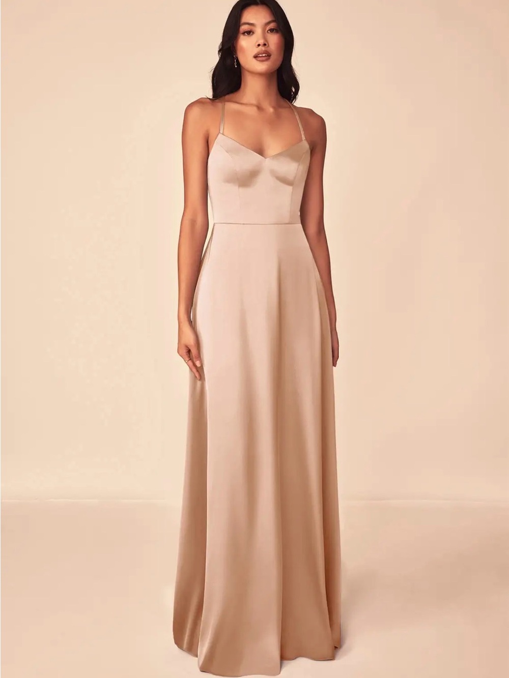 Azazie Mei full-length A-line satin stretch dress in English Rose NWT